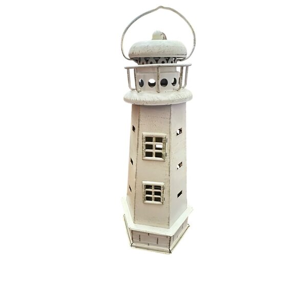 Lighthouse Candle Votive Holder Distressed Off White Metal 12.75" High Nautical - Picture 3 of 12